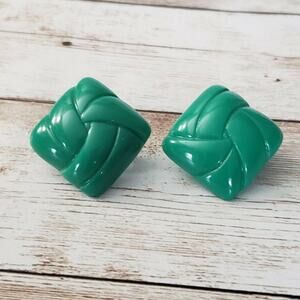 Vintage Clip On Earrings Green Diamond Shape with Design - Retro